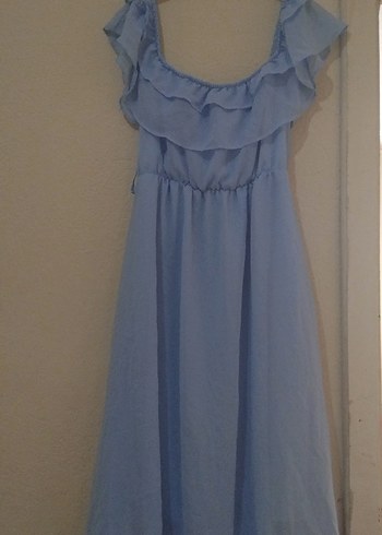 Mavi Fırfırlı Midi Keten Elbise - Görsel 2