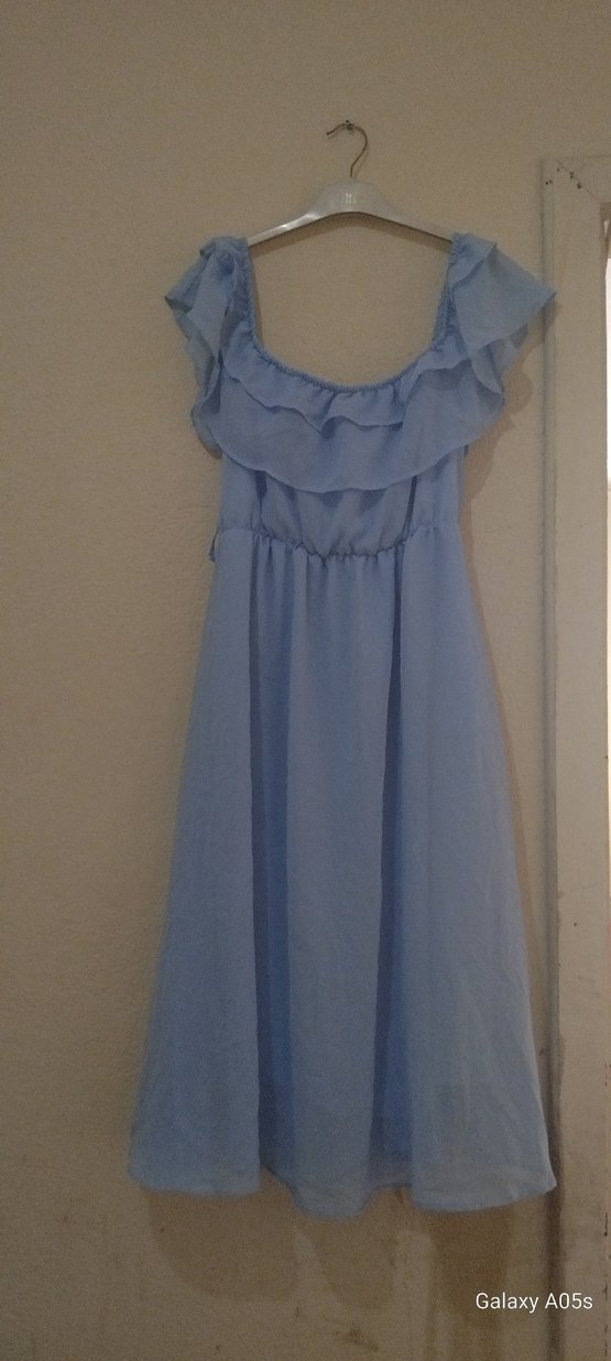 Mavi Fırfırlı Midi Keten Elbise - Görsel 2