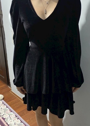 Uzun Kollu V Yaka Siyah Mini Elbise - Görsel 2