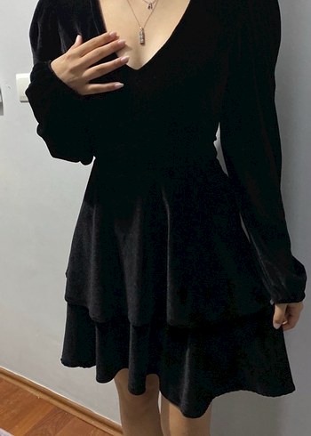 Uzun Kollu V Yaka Siyah Mini Elbise - Görsel 3