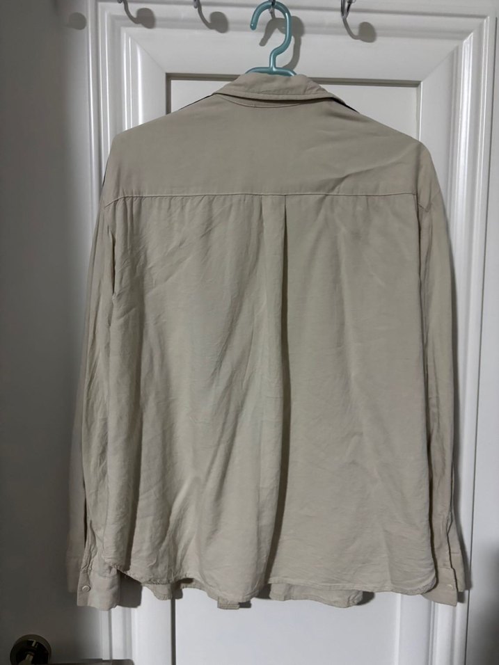 Bej Kadın Keten Uzun Kollu Gömlek - Görsel 3