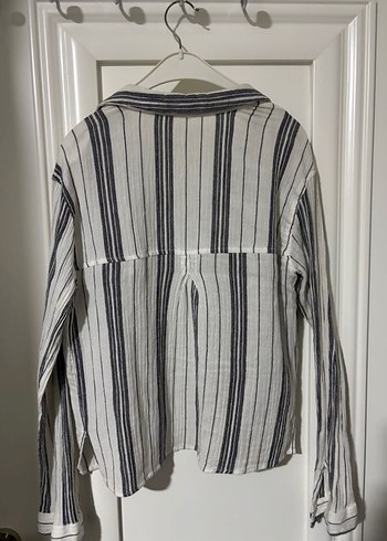 Çizgili Gri-Beyaz Keten Gömlek - Görsel 3