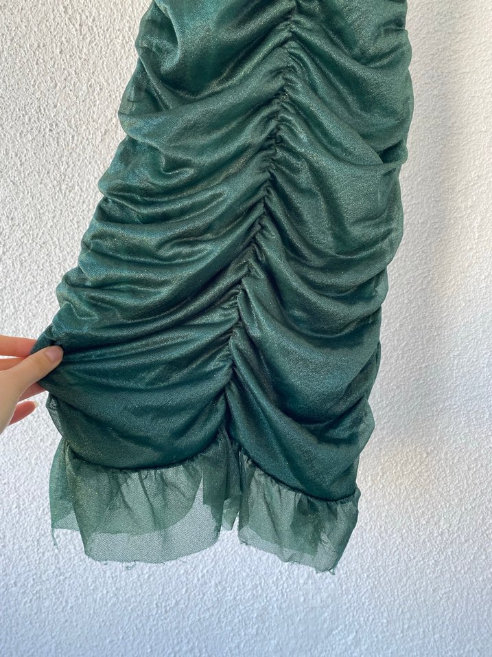 Yeşil Parlak Yılan Desenli Drapeli Abiye Elbise - Görsel 3