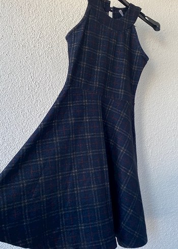 Lacivert Ekoseli Midi Kolsuz Elbise - Görsel 2