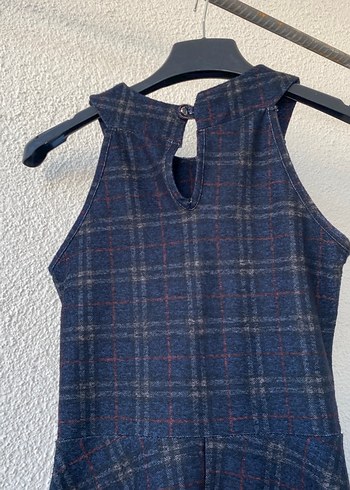 Lacivert Ekoseli Midi Kolsuz Elbise - Görsel 3