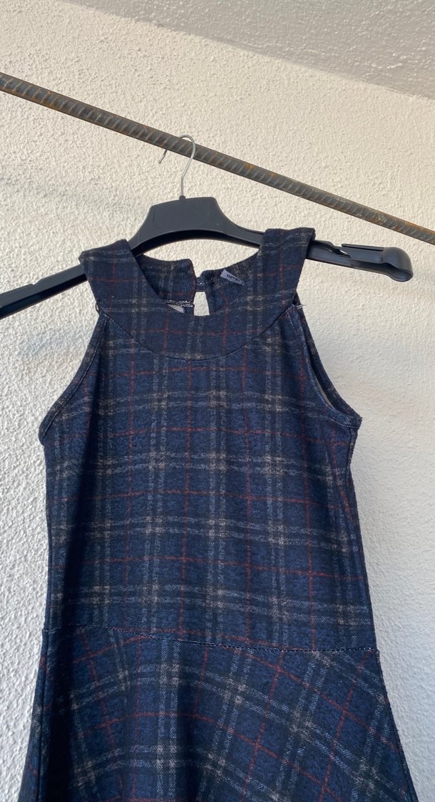 Lacivert Ekoseli Midi Kolsuz Elbise - Görsel 5