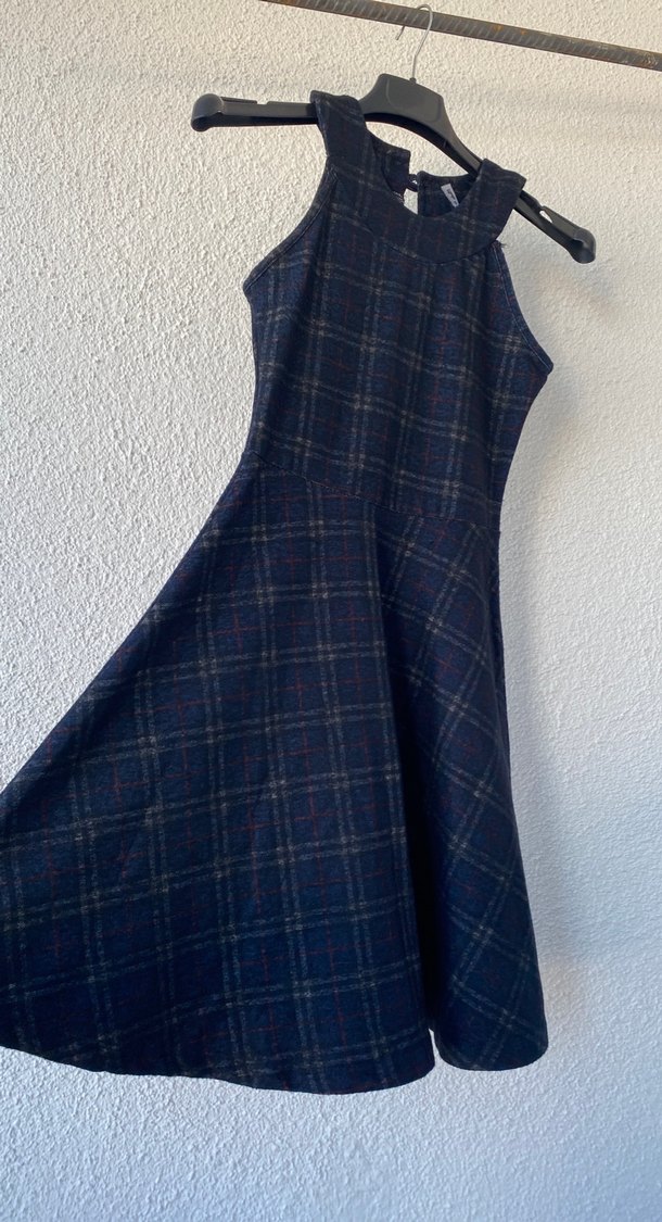 Lacivert Ekoseli Midi Kolsuz Elbise - Görsel 2