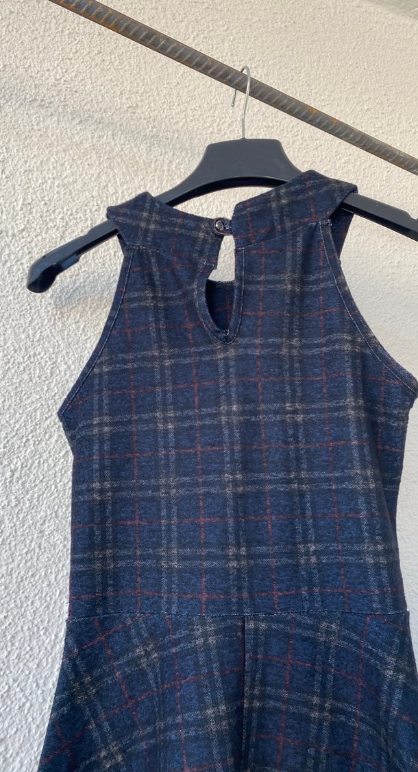 Lacivert Ekoseli Midi Kolsuz Elbise - Görsel 3