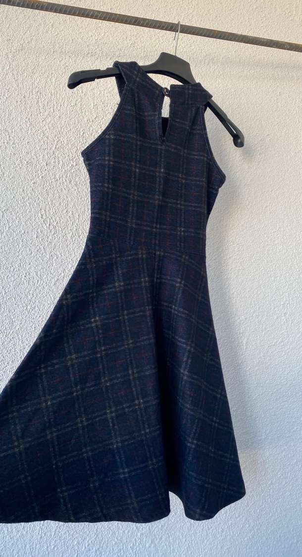 Lacivert Ekoseli Midi Kolsuz Elbise - Görsel 4