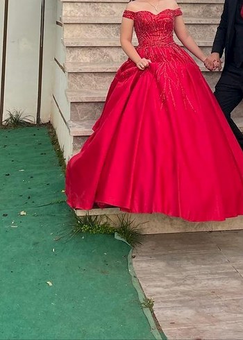 Kırmızı İşlemeli Uzun Kınalık Nişanlık Abiye Elbise - Görsel 6