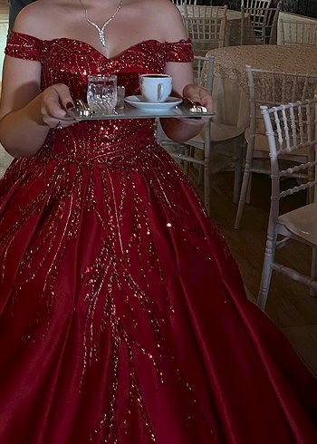 Kırmızı İşlemeli Uzun Kınalık Nişanlık Abiye Elbise - Görsel 4