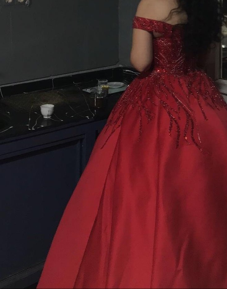 Kırmızı İşlemeli Uzun Kınalık Nişanlık Abiye Elbise - Görsel 2