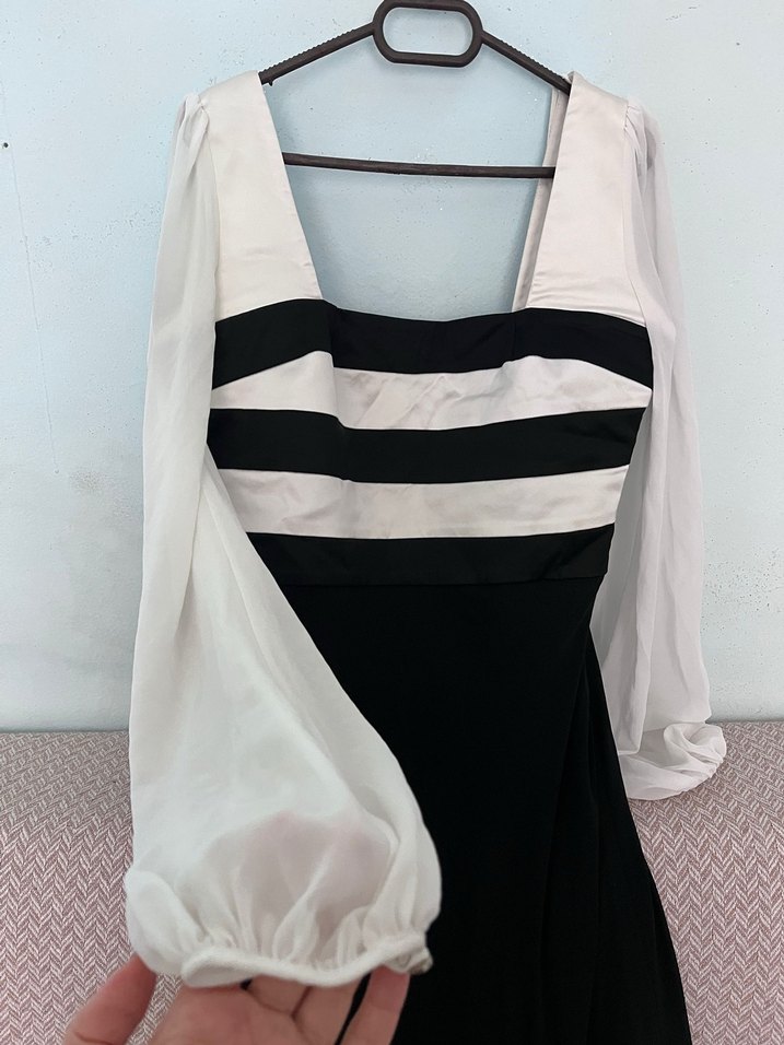 Uzun Siyah-Beyaz Kadın Elbise - Görsel 2