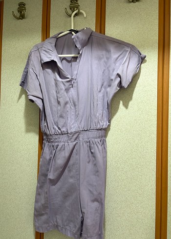 Mor Kısa Kollu Keten Tulum - Görsel 3