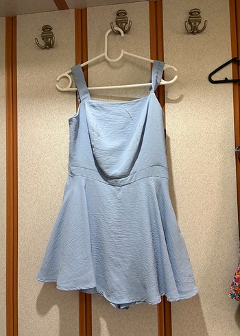 Mavi Keten Drapeli Askılı Tulum - Görsel 2