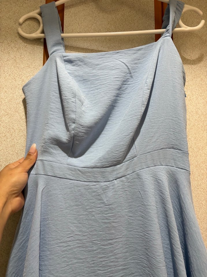 Mavi Keten Drapeli Askılı Tulum - Görsel 3