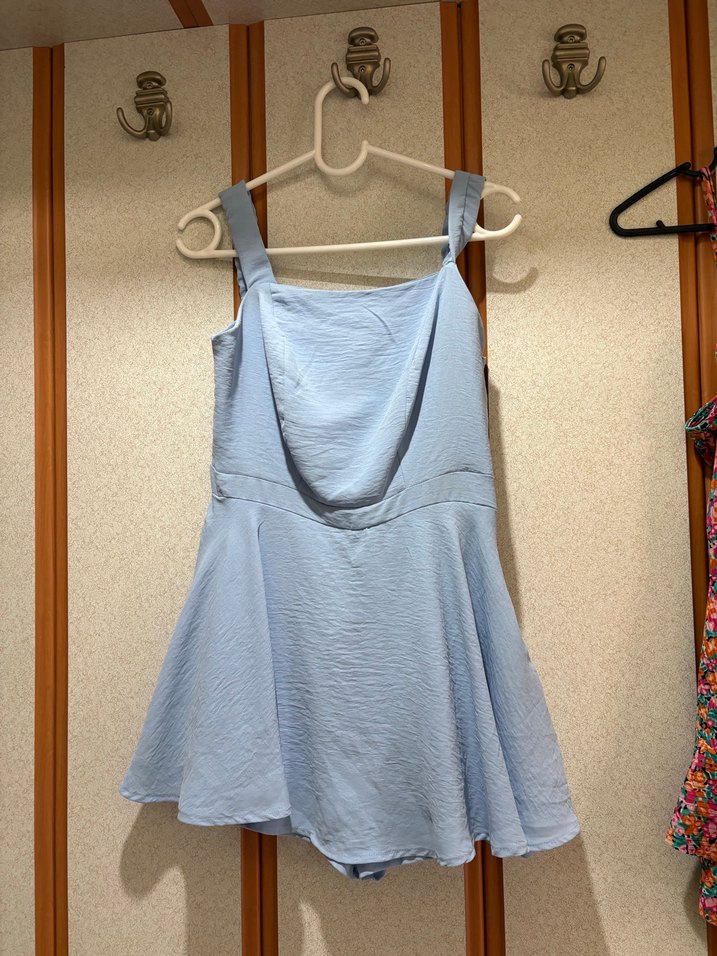 Mavi Keten Drapeli Askılı Tulum - Görsel 2