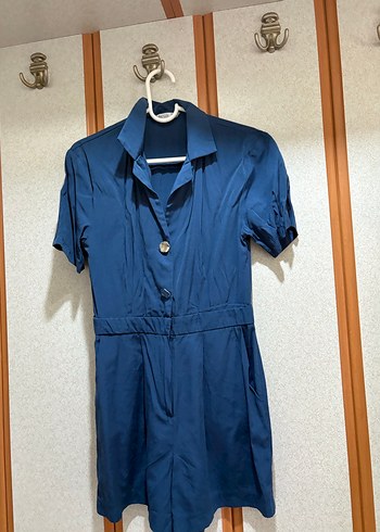 Düğmeli Kısa Kollu Lacivert Tulum - Görsel 2