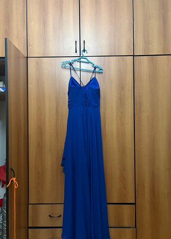 Uzun Mavi Askılı Drapeli Abiye Elbise - Görsel 2