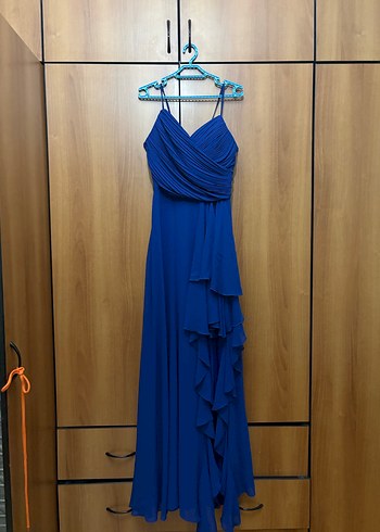 Uzun Mavi Askılı Drapeli Abiye Elbise - Görsel 3