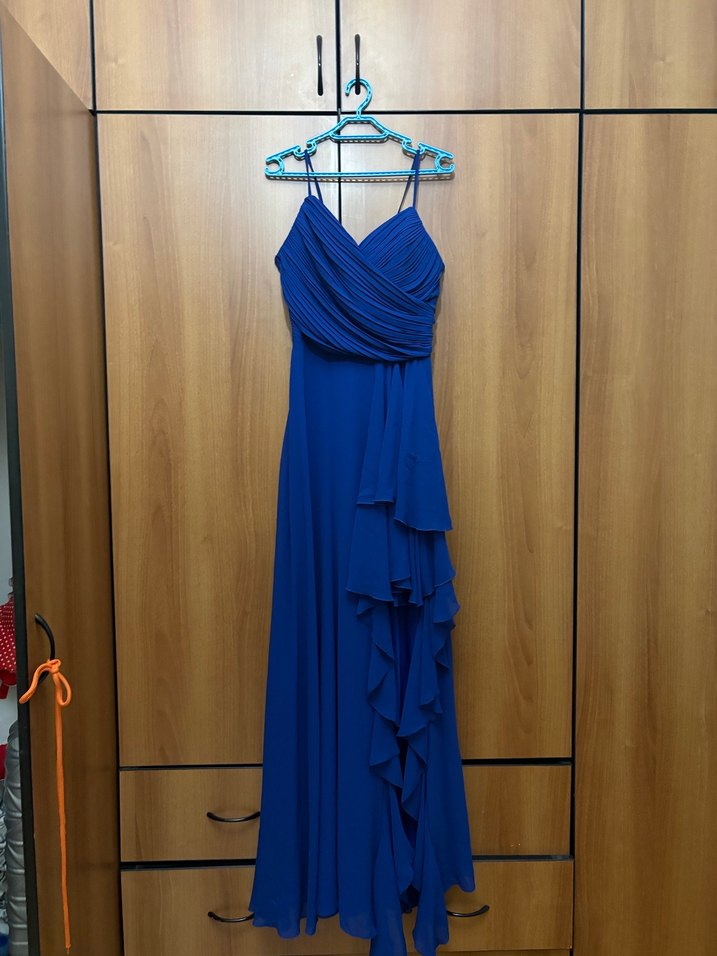 Uzun Mavi Askılı Drapeli Abiye Elbise - Görsel 3