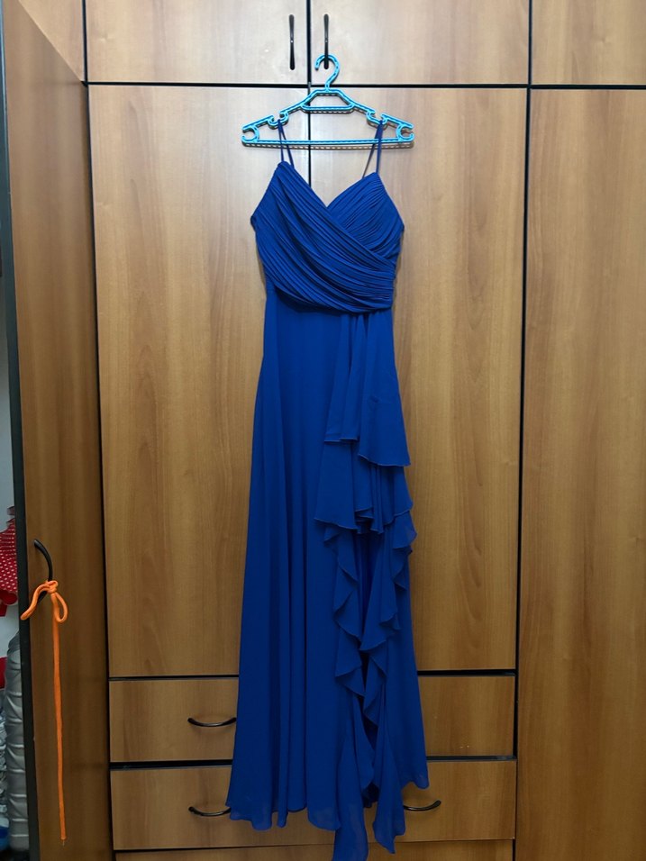 Uzun Mavi Askılı Drapeli Abiye Elbise - Görsel 4