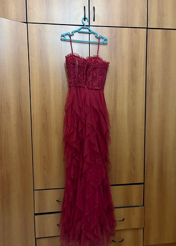 Bordo Straplez Uzun Abiye Elbise - Görsel 3