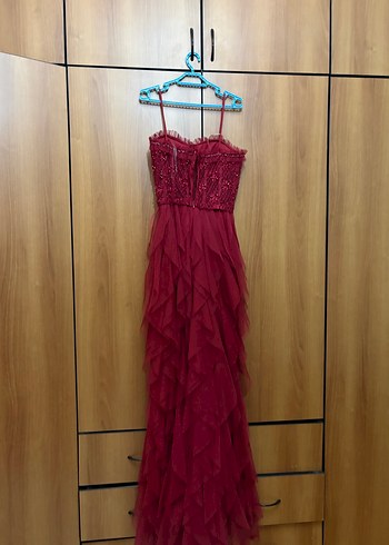 Bordo Straplez Uzun Abiye Elbise - Görsel 4