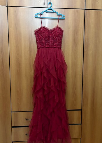 Bordo Straplez Uzun Abiye Elbise - Görsel 2