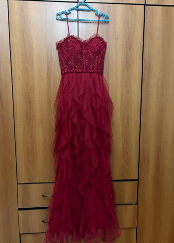 Bordo Straplez Uzun Abiye Elbise - Görsel 5