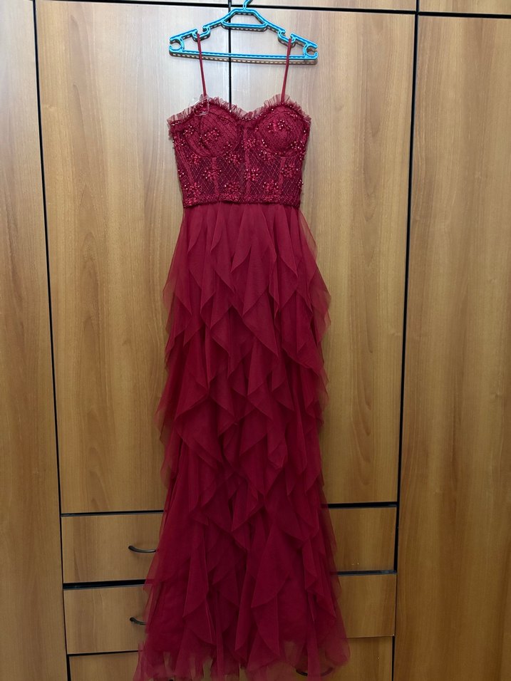 Bordo Straplez Uzun Abiye Elbise - Görsel 5