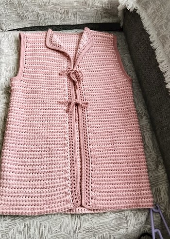 Pembe Örgü Kadın Yelek V Yaka - Görsel 2