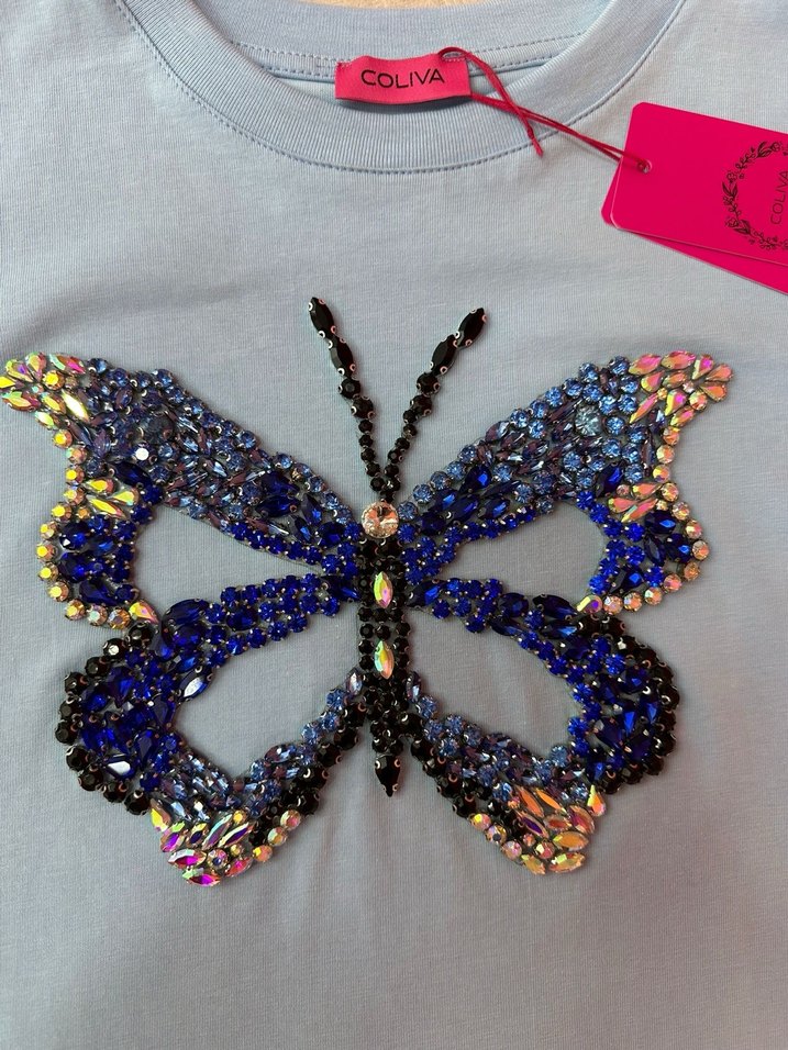 Kristal taşİşlemeli Renkli Kelebek desenli t-shirt - Görsel 2