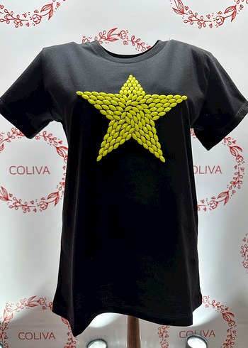 Sarı taş İşlemeli yıldız desenli Kadın Tişört - Görsel 2