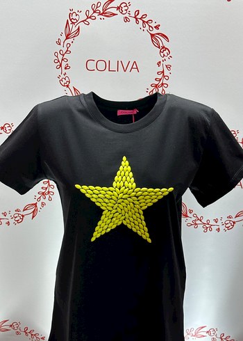 Sarı taş İşlemeli yıldız desenli Kadın Tişört - Görsel 3