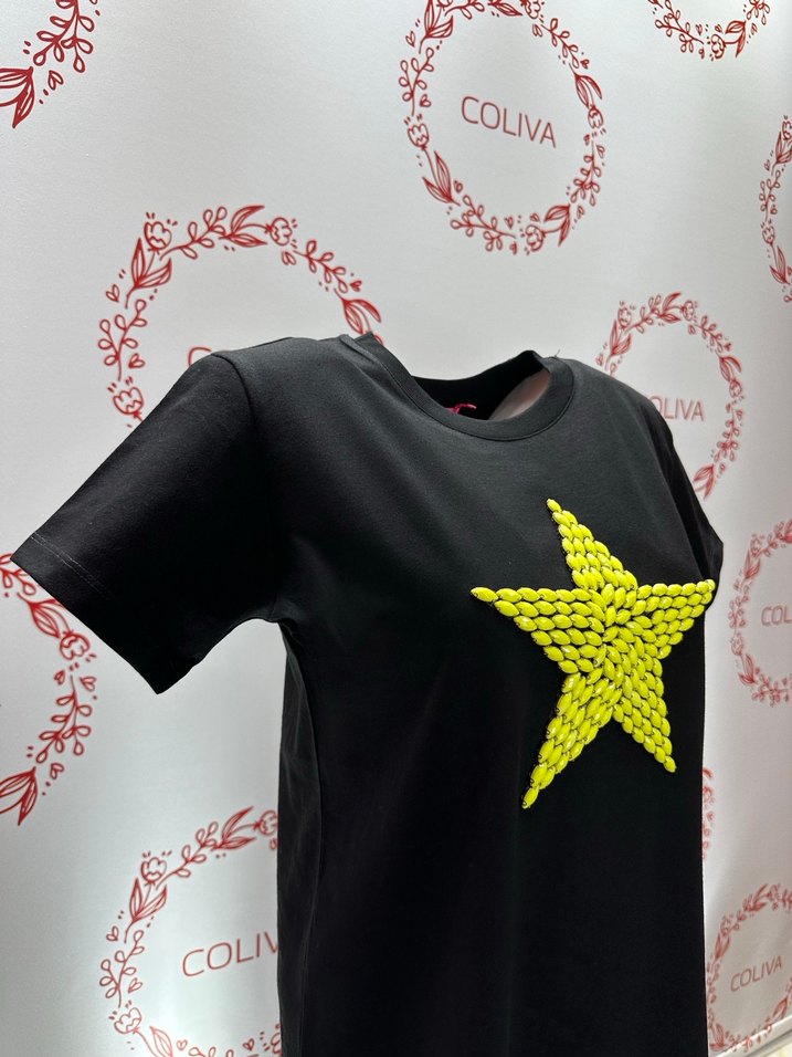 Sarı taş İşlemeli yıldız desenli Kadın Tişört - Görsel 4