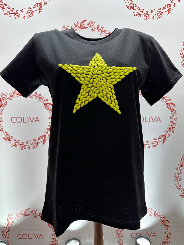 Sarı taş İşlemeli yıldız desenli Kadın Tişört - Görsel 2