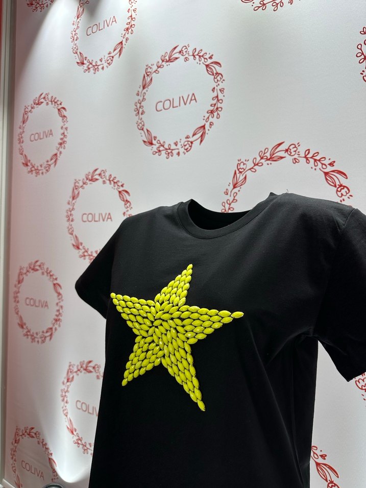 Sarı taş İşlemeli yıldız desenli Kadın Tişört - Görsel 5