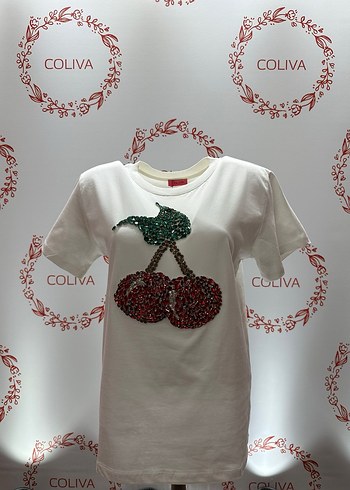 Kadın Beyaz kristal taşlı Kiraz Baskılı t-shirt - Görsel 3