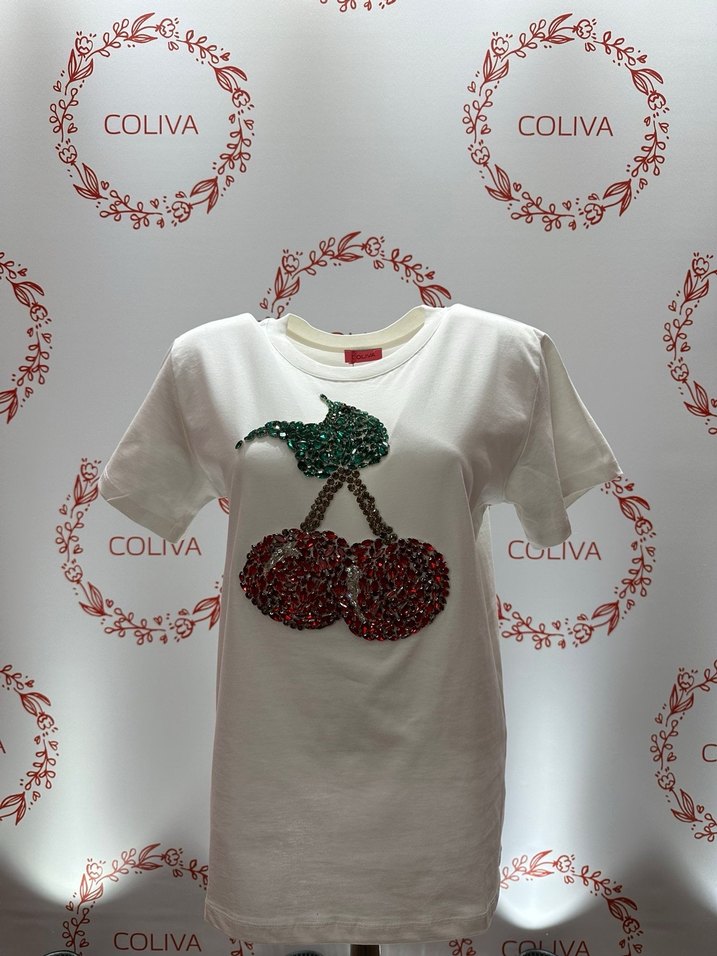 Kadın Beyaz kristal taşlı Kiraz Baskılı t-shirt - Görsel 3