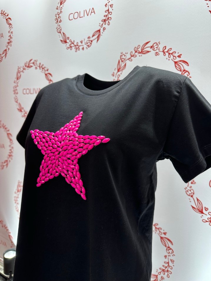Pembe taşlı Yıldız Desenli Kısa Kollu Tişört - Görsel 4