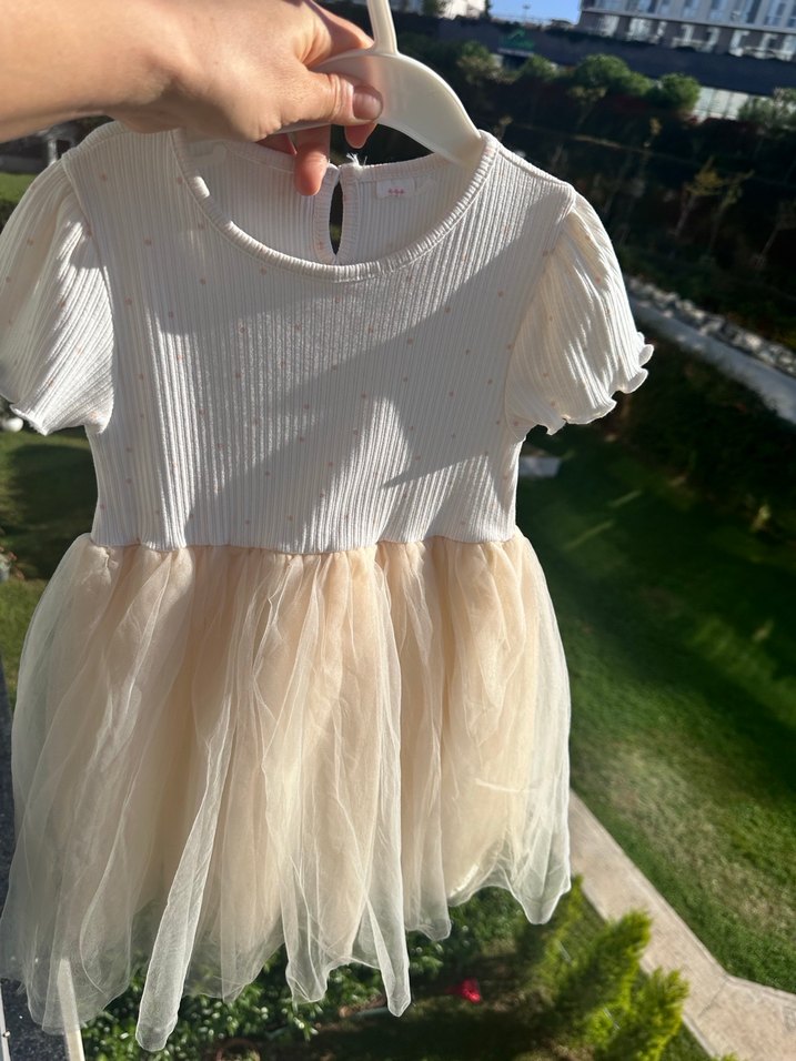 Kız Çocuk Beyaz Kısa Kollu tütülü Elbise - Görsel 3