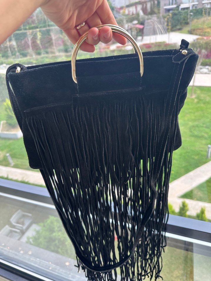 Mango Siyah Süet Püsküllü Bohem Kadın Çanta - Görsel 2