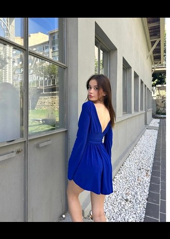 Saks Mavi V Yaka Mini Şortlu Elbise - Görsel 3
