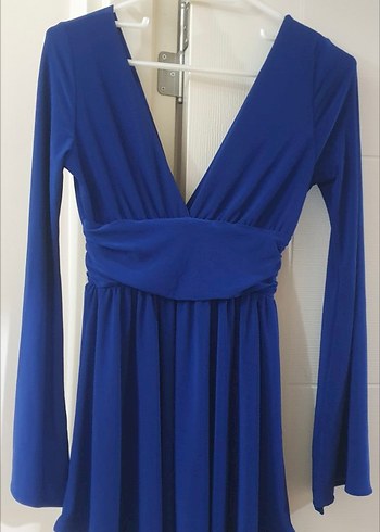 Saks Mavi V Yaka Mini Şortlu Elbise - Görsel 4