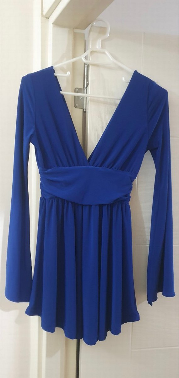 Saks Mavi V Yaka Mini Şortlu Elbise - Görsel 4