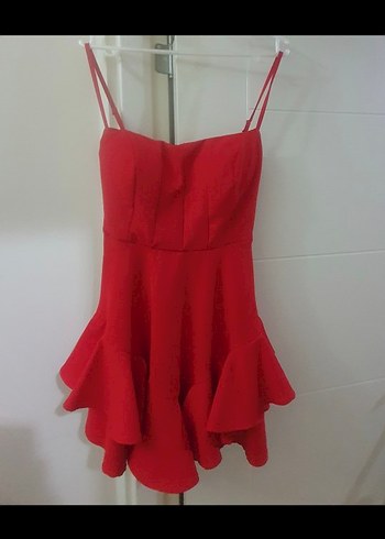 Kırmızı Askılı Mini Fırfırlı Elbise - Görsel 3