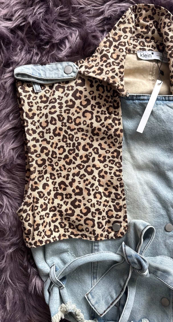 Leopar Desenli Kürklü Kot Yelek - Görsel 2