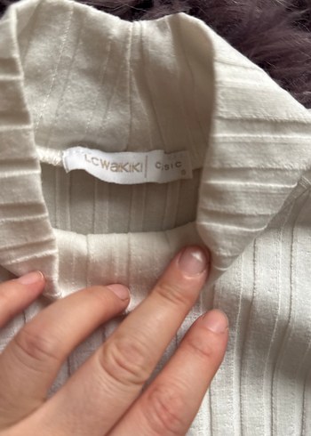 Beyaz Kadın Boğazlı Fitilli Triko Kazak - Görsel 4