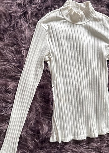 Beyaz Kadın Boğazlı Fitilli Triko Kazak - Görsel 2